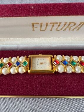 Vintage Futura Gold Tone Pearl Bracelet Watch with Multicolor Gem Accents